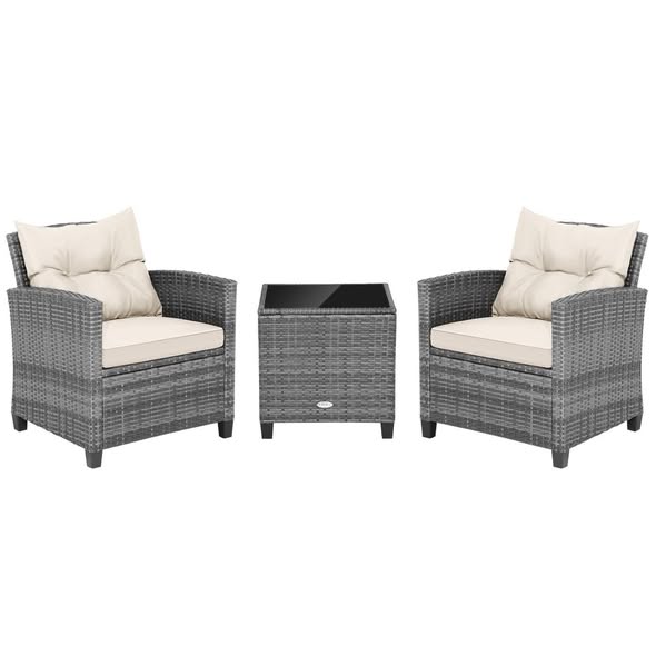 Costway 3 Pieces Outdoor Wicker Conversation Set with Tempered Glass Tabletop