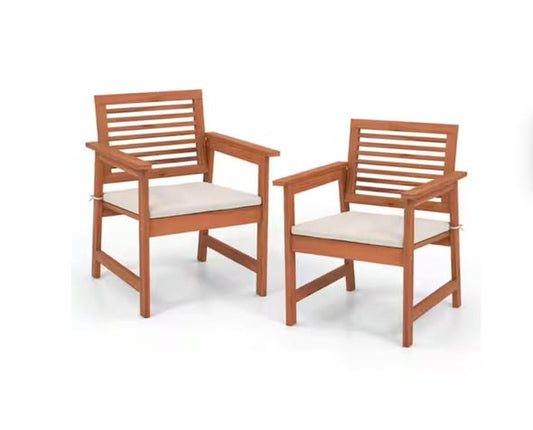 Kadehome Set of 2 Natural Solid Wood Outdoor Dining Chairs with Off White Cushions and Slatted Seat