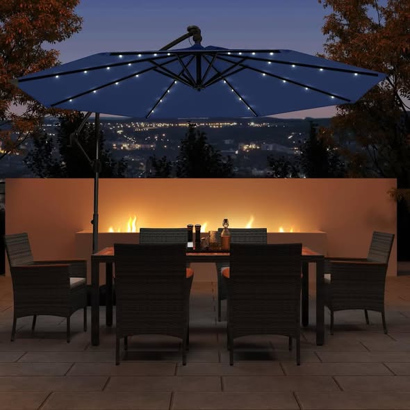 Costway 10 FT Solar Offset Hanging Umbrella Patio Cantilever Umbrella with 32 LED Lights Navy