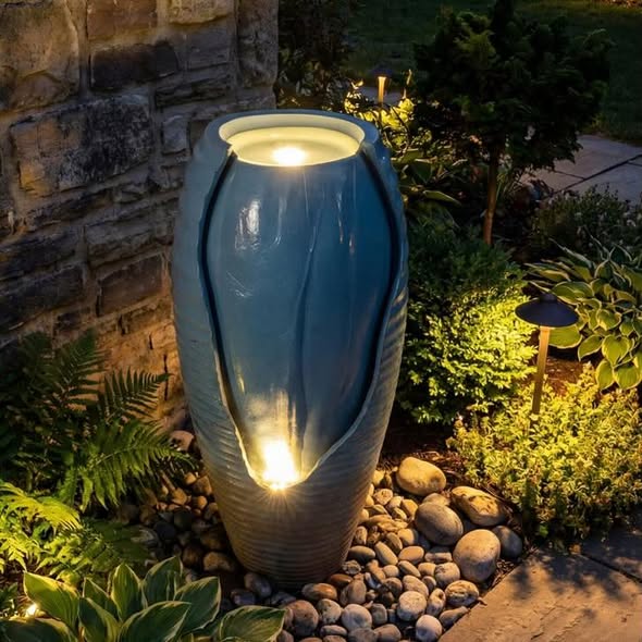 Costway 32” Tall Jar Water Fountain with LED Lights & Pump for Garden Patio Yard Porch