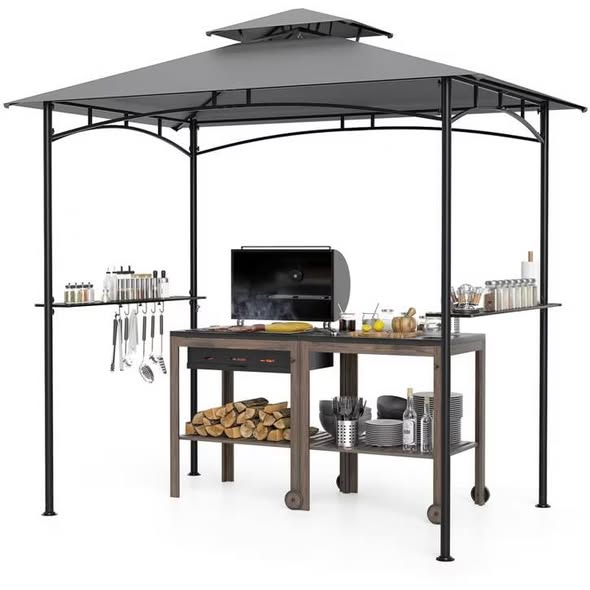 Costway 8' x 5' Grill Gazebo Outdoor Double-Tiered Grill Canopy w/ 2 Shelves & 6 Hooks