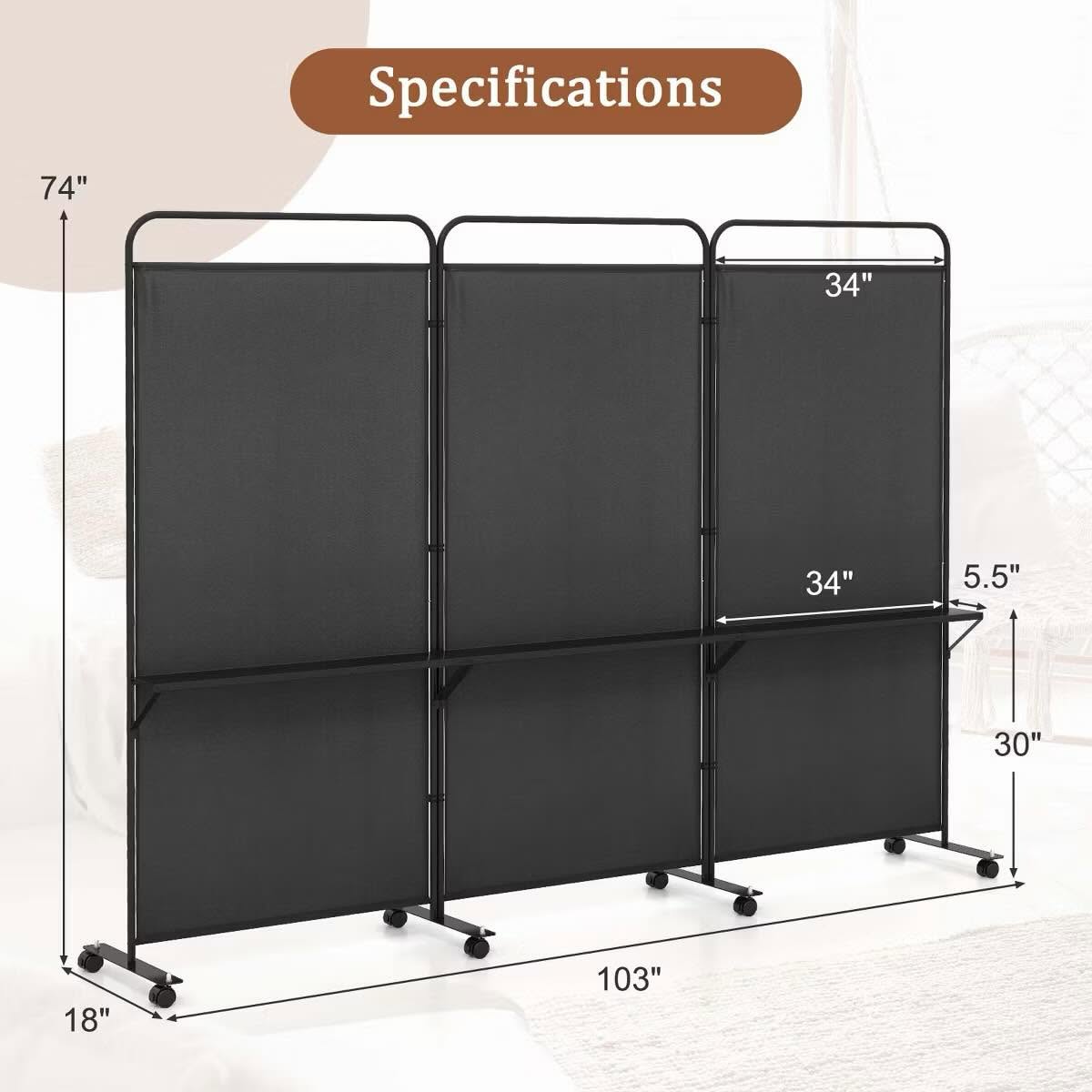 3-Panel Room Divider with Storage Shelves 6FT Tall Folding Privacy Screen on Wheels Black