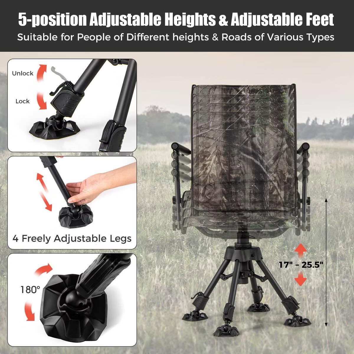 Swivel Hunting Chair with 4 360° Adjustable Legs Folding Silent Swivel Blind Chair Camouflage