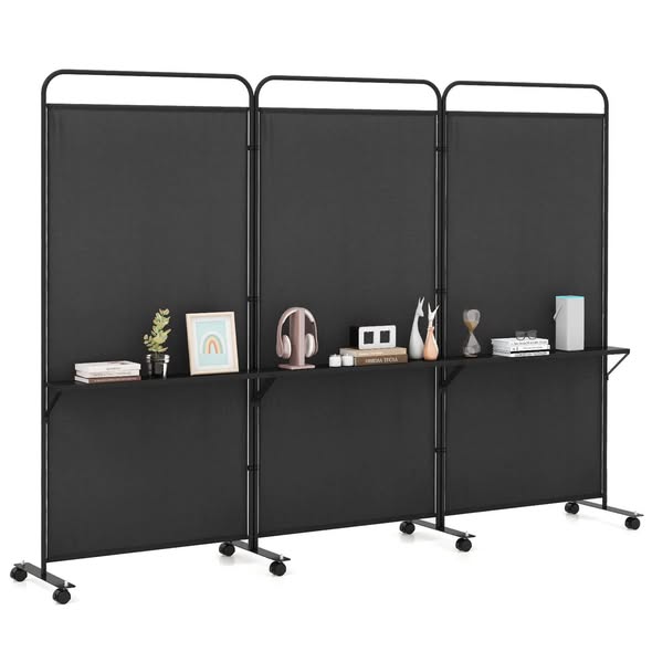 3-Panel Room Divider with Storage Shelves 6FT Tall Folding Privacy Screen on Wheels Black