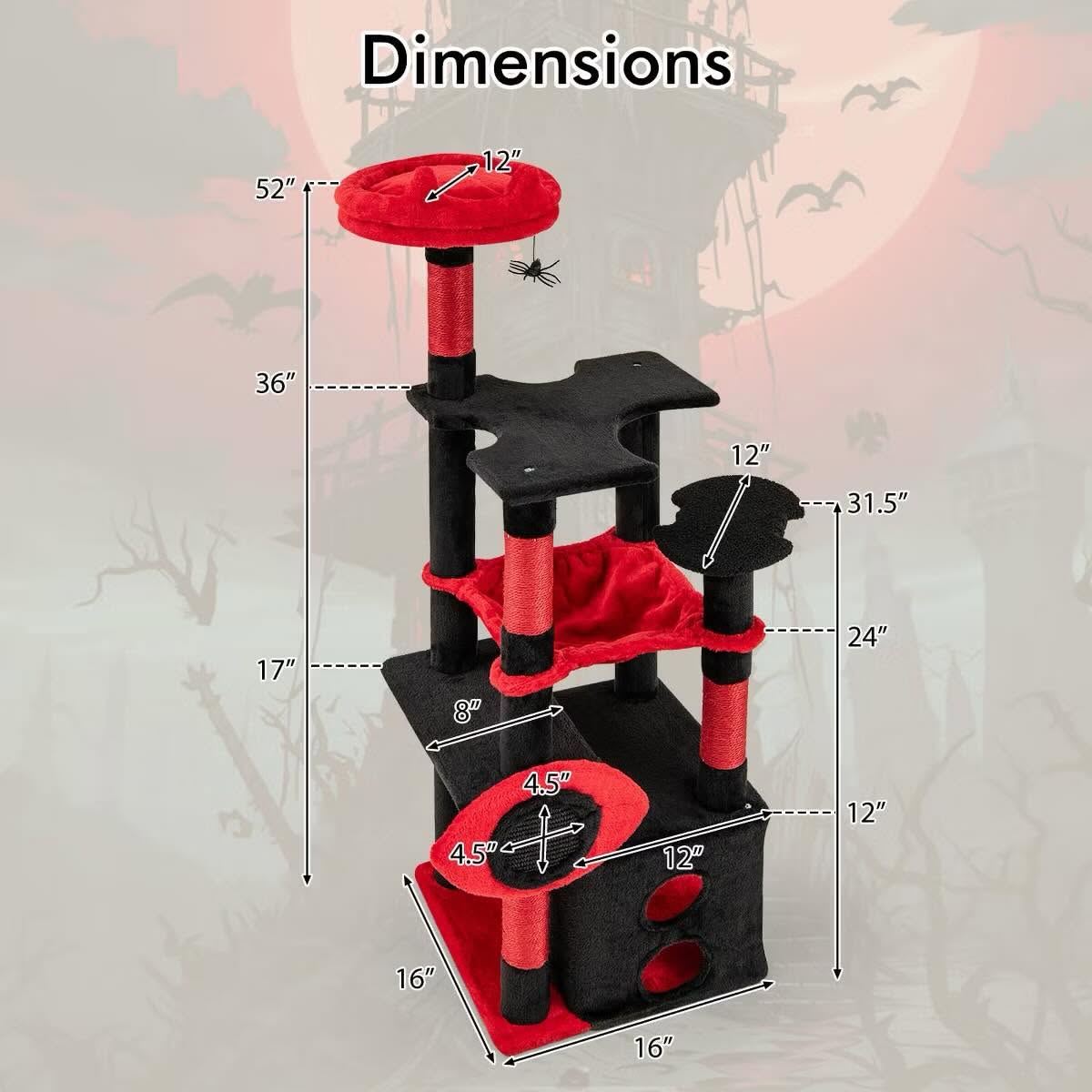 52" Gothic Cat Tree with Plush Perch & Condo Hammock& Hanging Spider Toy