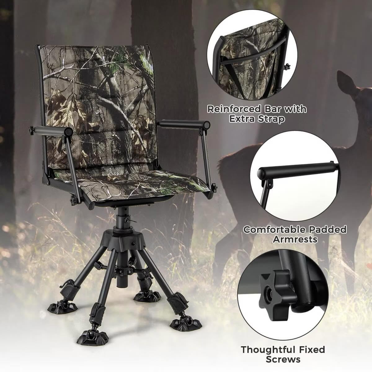 Swivel Hunting Chair with 4 360° Adjustable Legs Folding Silent Swivel Blind Chair Camouflage