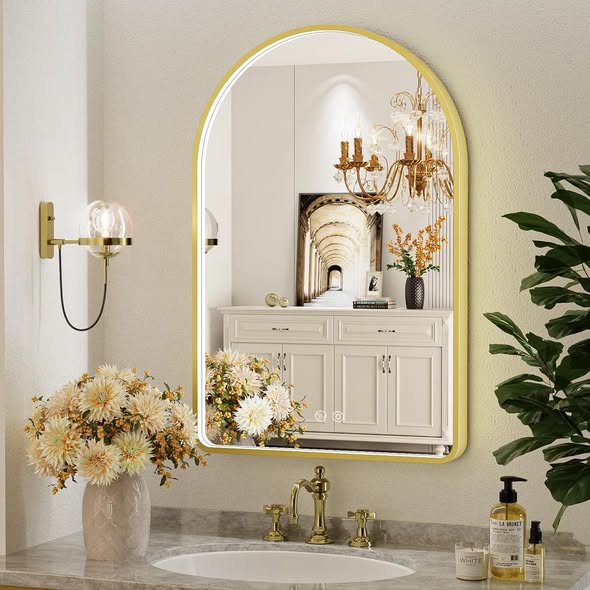 LED Bathroom Mirror with Lights, Arched Lighted Vanity Mirror with Anti-Fog, Temperature, Memory Function,Dimmable