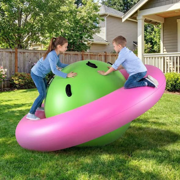 Costway 7.5 FT Inflatable Dome Rocker Bouncer with 6 Handles Fun Outdoor Game for Kids Pink & Green
