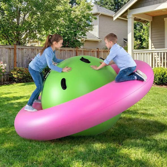 Costway 7.5 FT Inflatable Dome Rocker Bouncer with 6 Handles Fun Outdoor Game for Kids Pink & Green