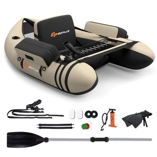 Inflatable Fishing Float Tube w/Pump & Storage Pockets & Fish Ruler Beige