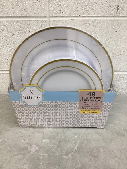 Tableluxe Premium Disposable Round White with Gold Trim Plastic Plates, 7" & 10", 48 ct.