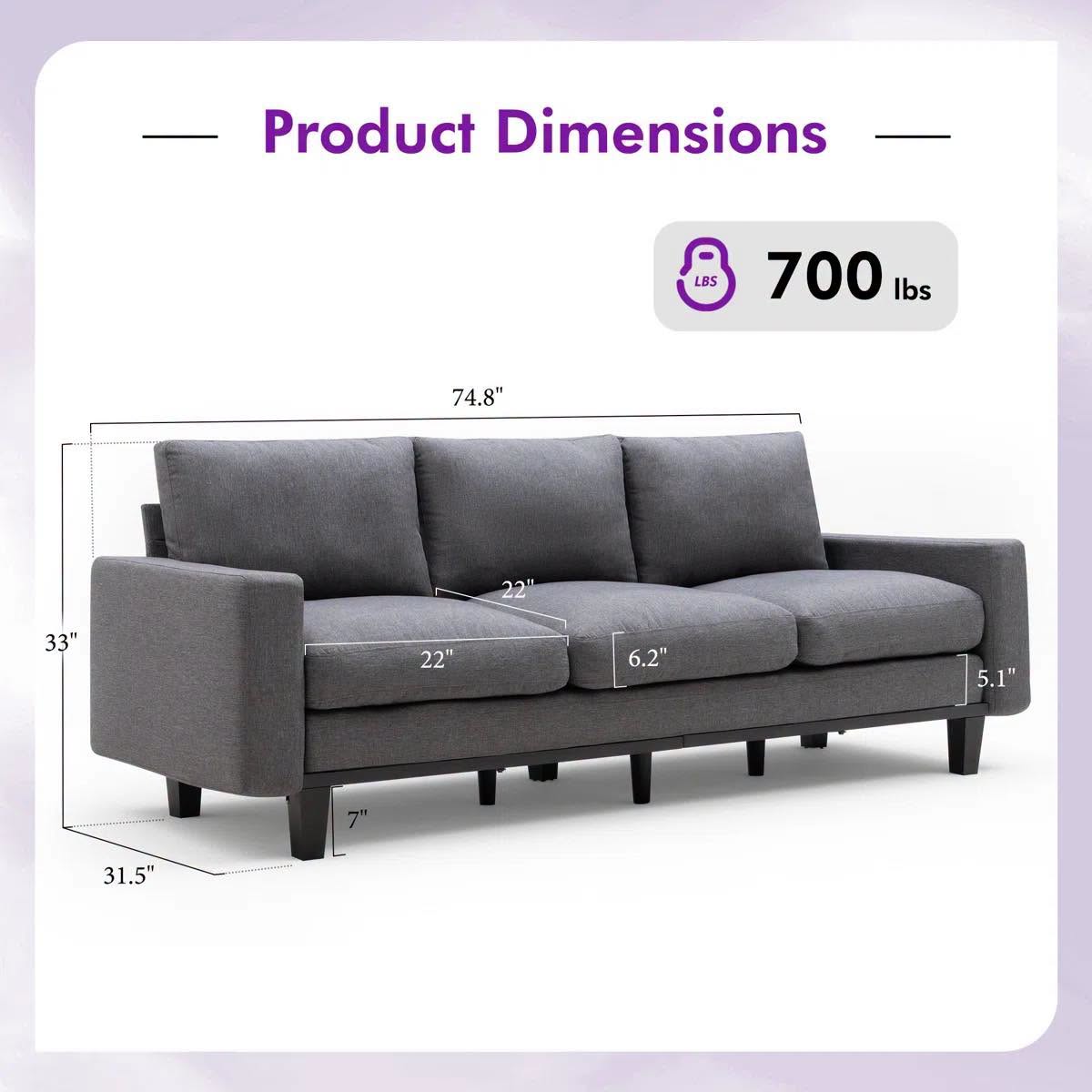 75" Modern Linen 3 Seater Sofa with Deep Seat, Dark Gray