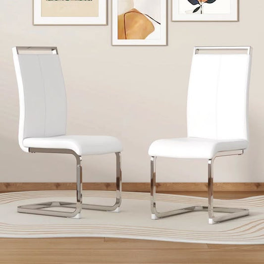 Modern Faux Leather Cantilever Dining Chairs with Chrome Base and Metal Handles (Set of 2)