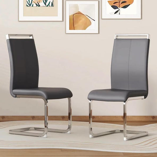 Modern Faux Leather Cantilever Dining Chairs with Chrome Base and Metal Handles (Set of 2)