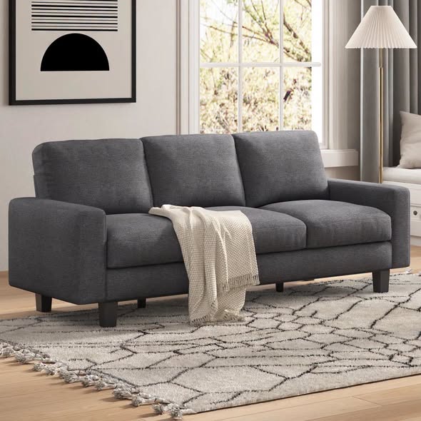 75" Modern Linen 3 Seater Sofa with Deep Seat, Dark Gray