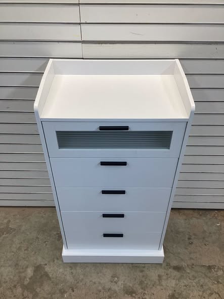 HOSTACK Modern 5 Drawer Dresser, Tall White Dresser Chest of Drawers with Metal Handles, Wood Dressers Storage Cabinet with Anti-Drop Fence & Fluted Glass for Living Room, Entryway, White