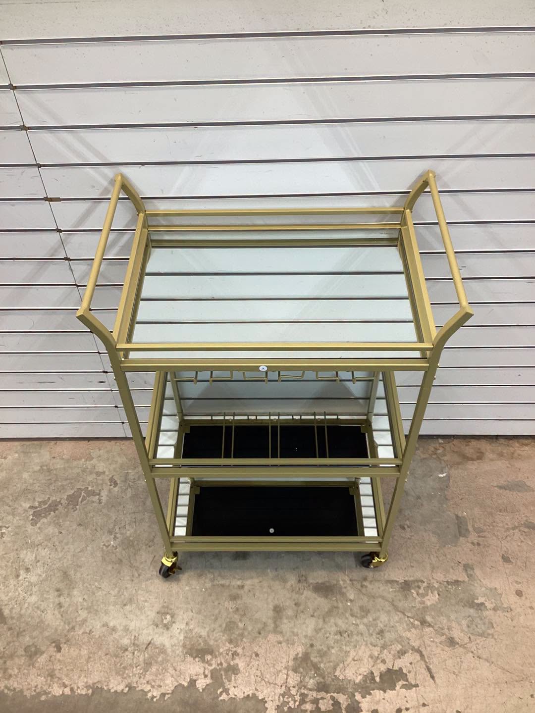 LEDREM Home Bar Serving Cart with 3-Tier Shelf, Wine Holders, Glass Holders, Mini Bar Cart for Small Spaces, Gold