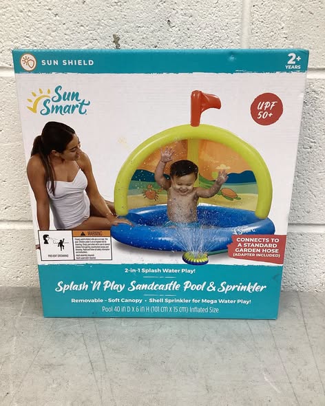 SunSmart Splash 'N Play Sandcastle - Inflatable Kiddie Pool and Sprinkler with Removable, Rotating Canopy.