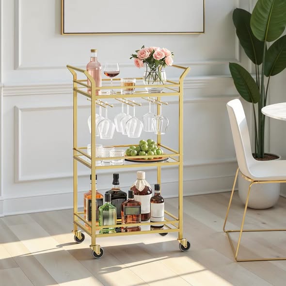 LEDREM Home Bar Serving Cart with 3-Tier Shelf, Wine Holders, Glass Holders, Mini Bar Cart for Small Spaces, Gold