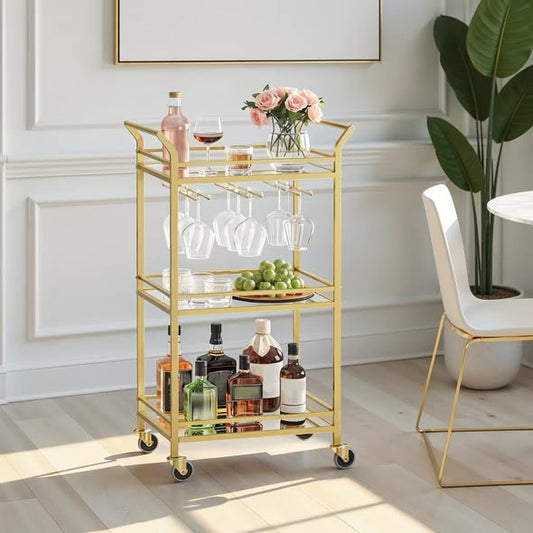 LEDREM Home Bar Serving Cart with 3-Tier Shelf, Wine Holders, Glass Holders, Mini Bar Cart for Small Spaces, Gold