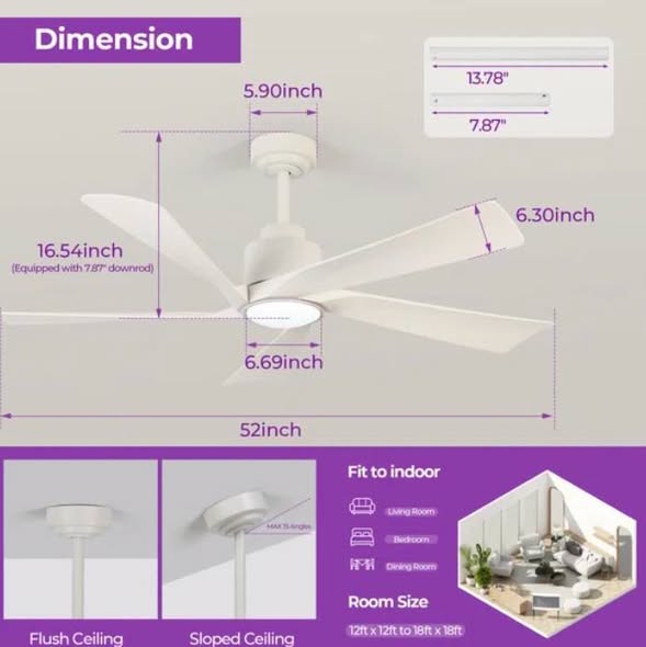 Karlena 52'' Modern Large Ceiling Fan With Led Lights And Remote Control, App, Timer, Memory