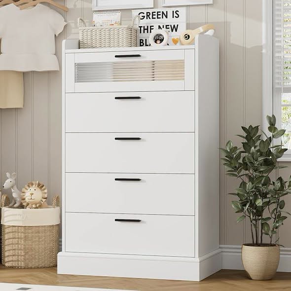 HOSTACK Modern 5 Drawer Dresser, Tall White Dresser Chest of Drawers with Metal Handles, Wood Dressers Storage Cabinet with Anti-Drop Fence & Fluted Glass for Living Room, Entryway, White
