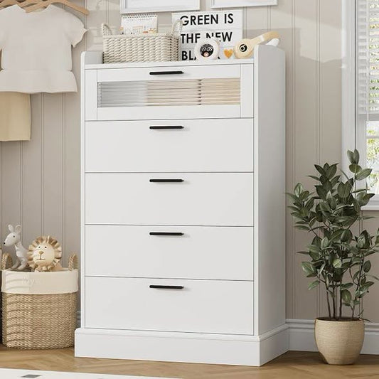 HOSTACK Modern 5 Drawer Dresser, Tall White Dresser Chest of Drawers with Metal Handles, Wood Dressers Storage Cabinet with Anti-Drop Fence & Fluted Glass for Living Room, Entryway, White