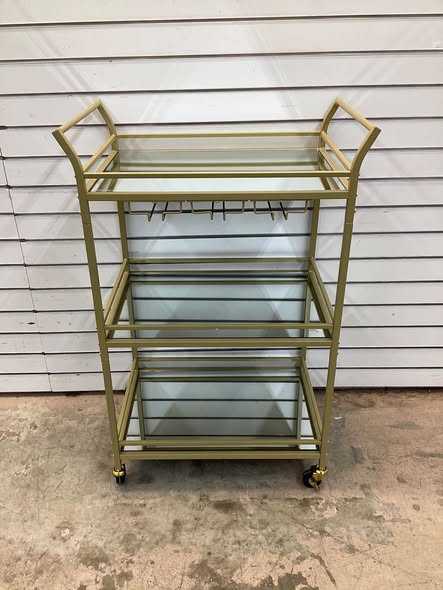 LEDREM Home Bar Serving Cart with 3-Tier Shelf, Wine Holders, Glass Holders, Mini Bar Cart for Small Spaces, Gold