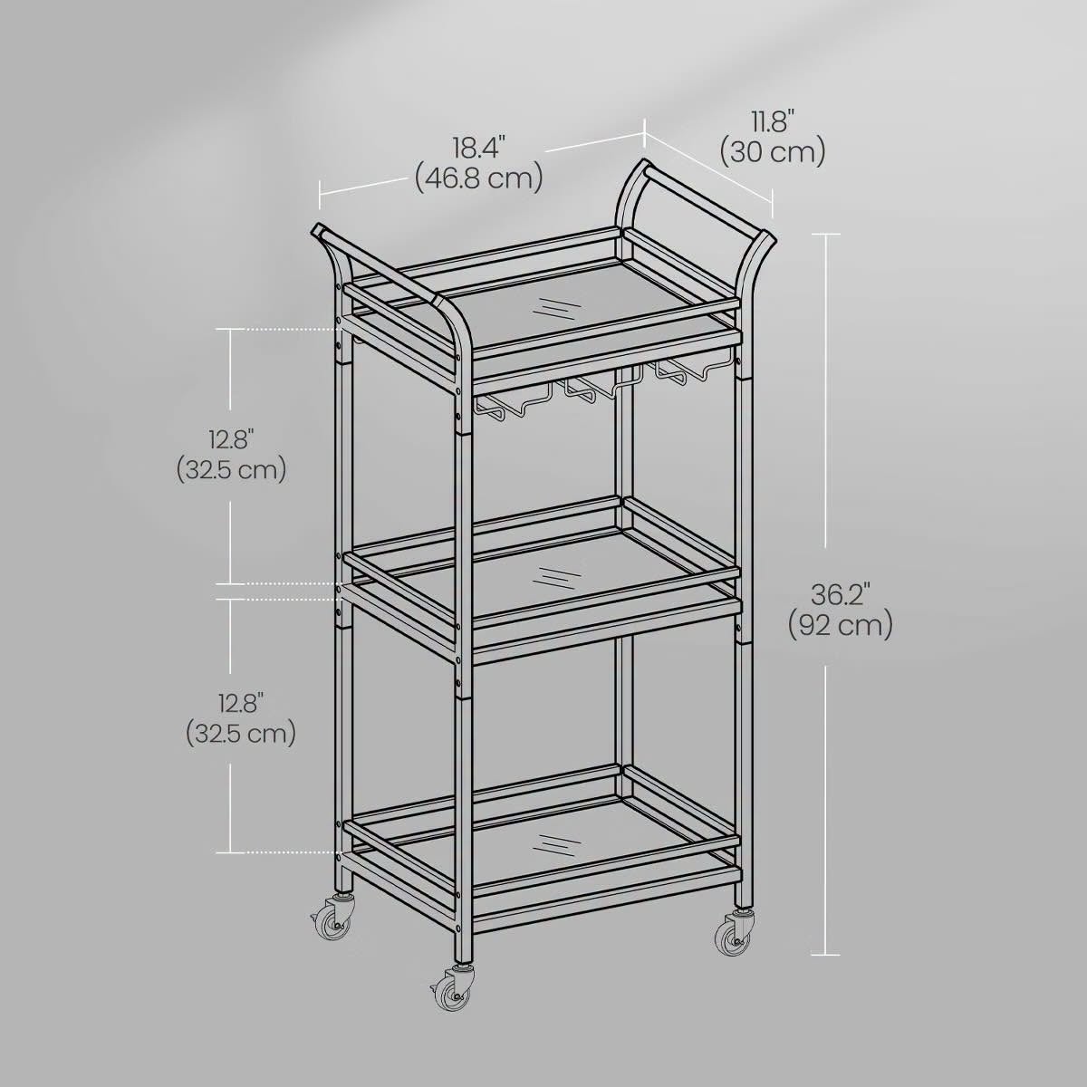 LEDREM Home Bar Serving Cart with 3-Tier Shelf, Wine Holders, Glass Holders, Mini Bar Cart for Small Spaces, Gold