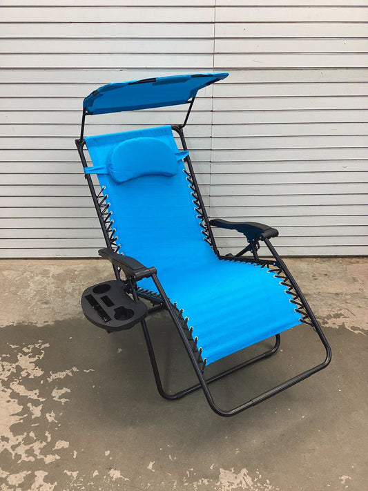 Blue Metal Outdoor Folding Recliner Zero Gravity Lounge Chair with Shade Canopy Cup Holder