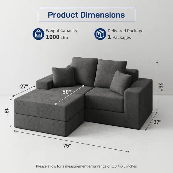75" Modular Boneless Sectional Sofa Pull-Out Sofa Bed Velvet Sectional Couch with Ottomans, Gray Velvet