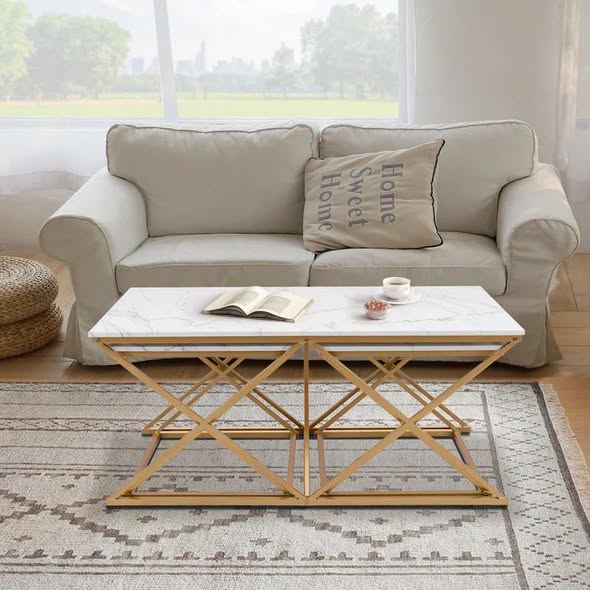 Nesting Coffee Table Set of 3, Faux Marble Top with Golden Frame