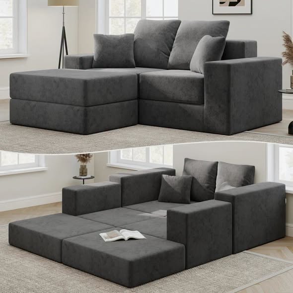 75" Modular Boneless Sectional Sofa Pull-Out Sofa Bed Velvet Sectional Couch with Ottomans, Gray Velvet