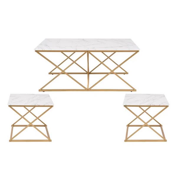Nesting Coffee Table Set of 3, Faux Marble Top with Golden Frame
