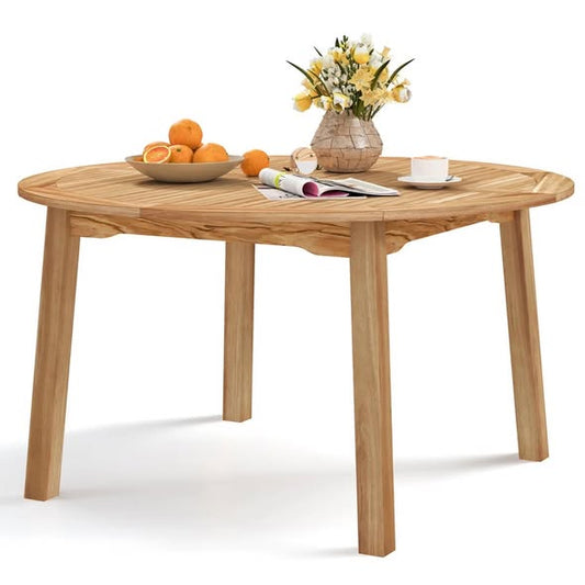 Round Patio Dining Table Acacia Wood Outdoor Dining Table w/ 2'' Umbrella Hole