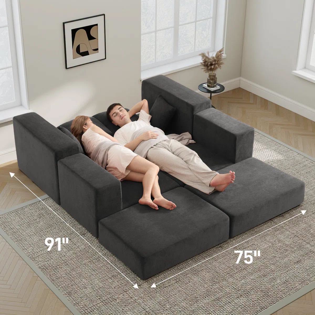75" Modular Boneless Sectional Sofa Pull-Out Sofa Bed Velvet Sectional Couch with Ottomans, Gray Velvet