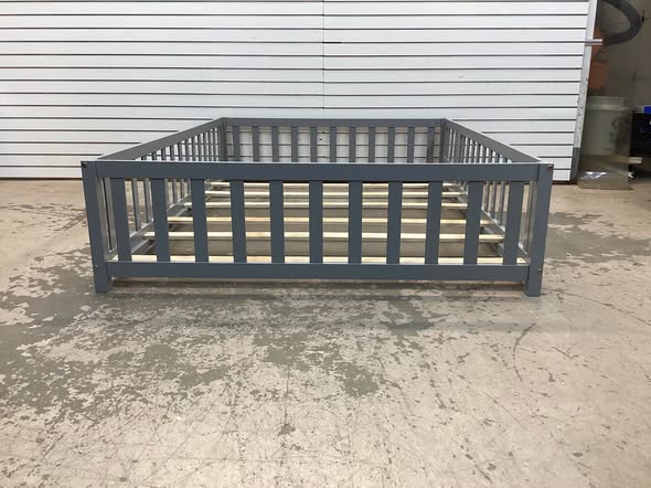 Full Size Montessori Bed Frame with Full-length Guardrails Safety Door and Latch