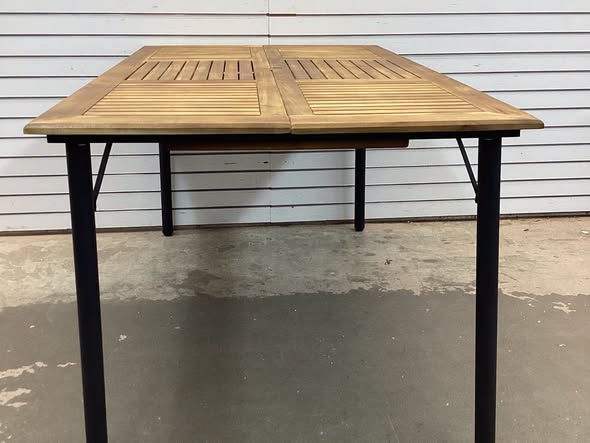 Patio Acacia Wood Dining Table with Umbrella Hole and Metal Legs