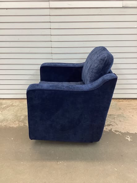 Modern Navy Chenille Upholstered Swivel Accent Barrel Chair with Metal Base