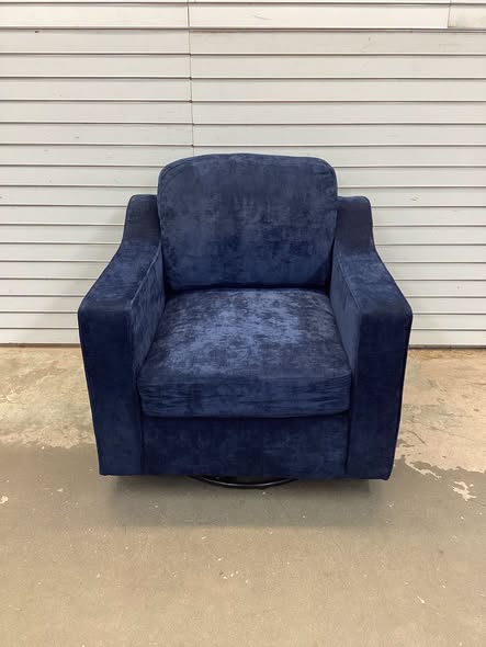 Modern Navy Chenille Upholstered Swivel Accent Barrel Chair with Metal Base