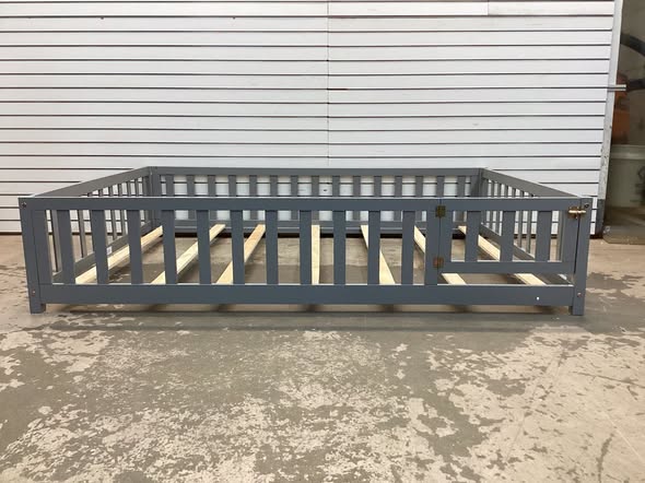 Full Size Montessori Bed Frame with Full-length Guardrails Safety Door and Latch