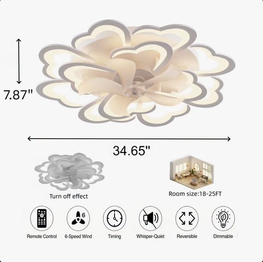 Acea 34.6" White Flower Ceiling Fan With Dimmable Light Modern LED Flush Mount Ceiling Fan Light Remote