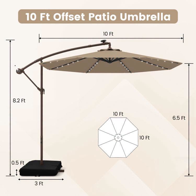 10 Feet Cantilever Umbrella with 32 LED Lights and Solar Panel Batteries