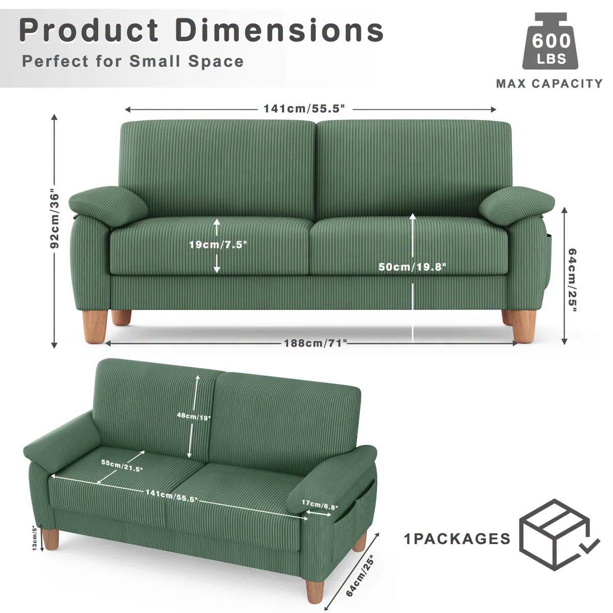 71-inch Corduroy 2-seater Sofa with solid wood frame, spring seat cushion and two throw pillows-Green