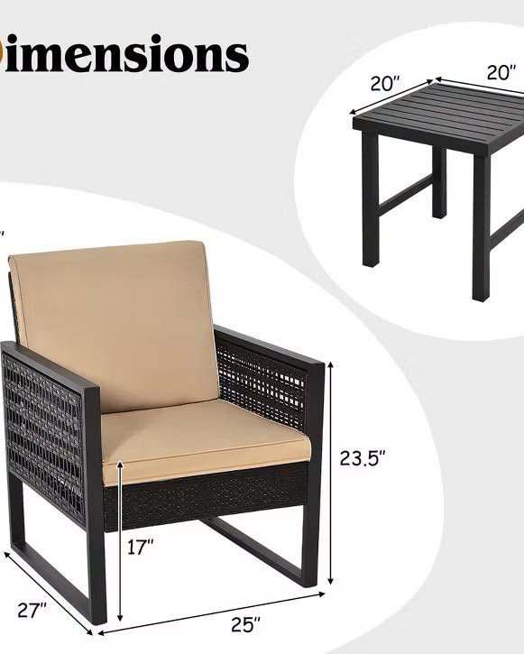 Costway 3PCS Patio Rattan Bistro Furniture Set Cushioned Sofa Chair Coffee Table