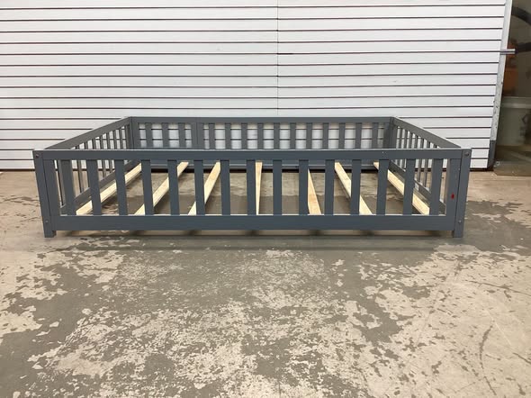 Full Size Montessori Bed Frame with Full-length Guardrails Safety Door and Latch