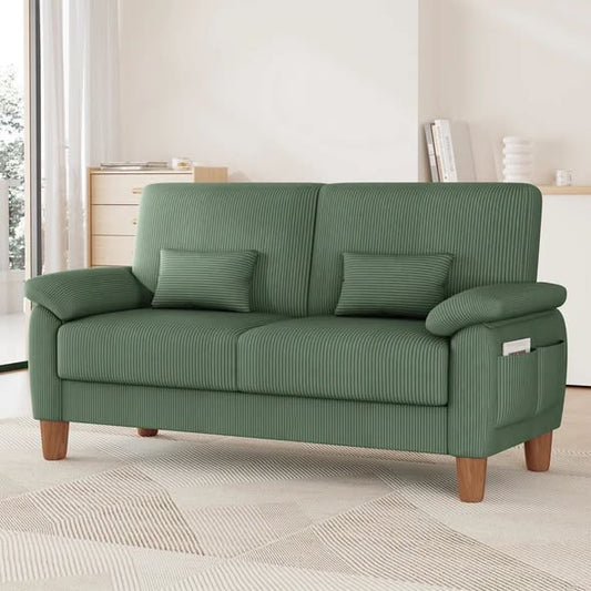 71-inch Corduroy 2-seater Sofa with solid wood frame, spring seat cushion and two throw pillows-Green