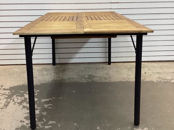 Patio Acacia Wood Dining Table with Umbrella Hole and Metal Legs
