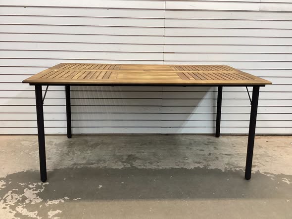 Patio Acacia Wood Dining Table with Umbrella Hole and Metal Legs