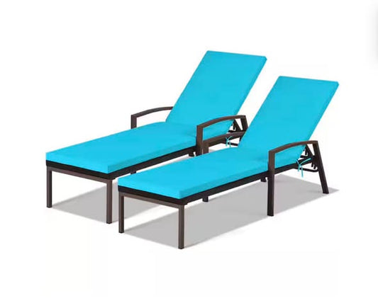 Adjustable Height Rattan Chaise Recliner Patio Lounge Chair with Turquoise Cushions (2-Piece)